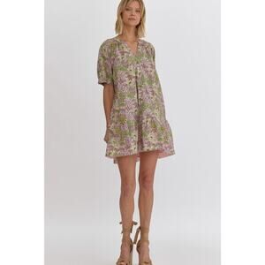 NWT Entro Pink Green Floral Cotton Mini Dress with Pockets Large